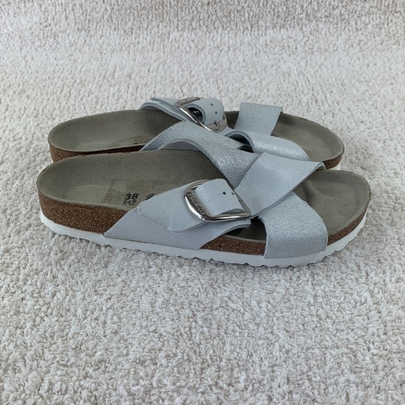 Birkenstock Siena Big Buckle Washed Metallic White Suede Leather 38 Eur - Picture 4 of 9